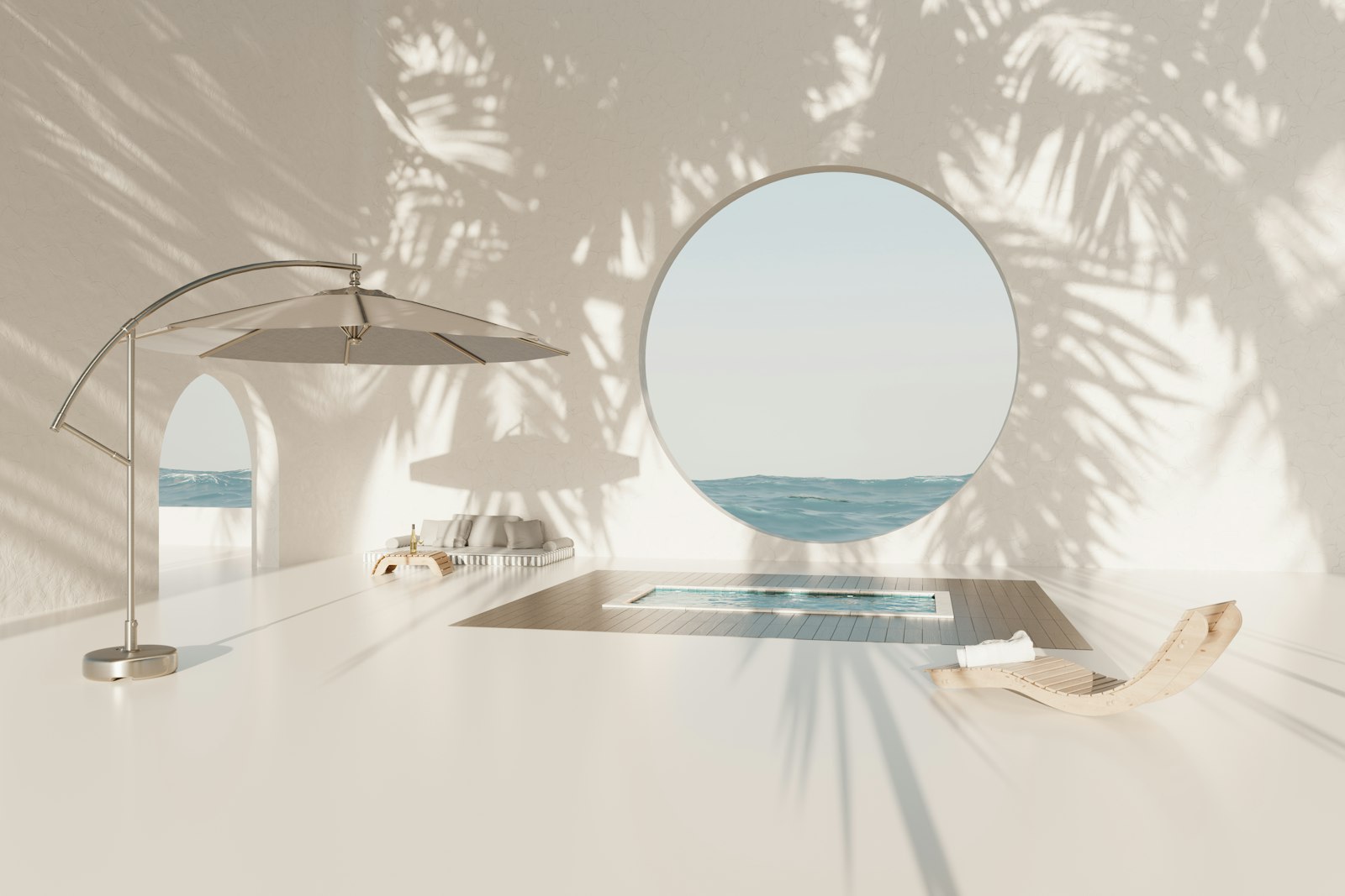A white table with a mirror and umbrella on it